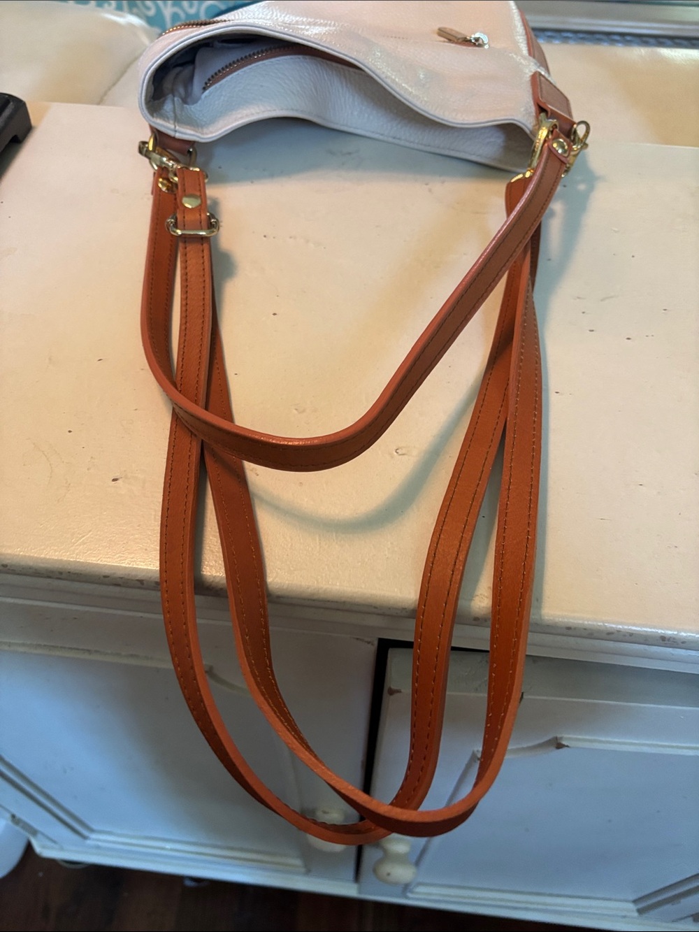 Valentina White Leather Shoulder Bag with Brown Trim - Picture 7 of 9